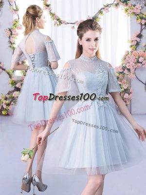 Grey Bridesmaids Dress Prom and Party and Wedding Party with Lace High-neck Short Sleeves Lace Up