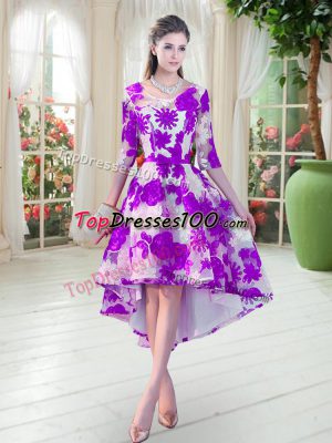 Deluxe Lace Scoop Half Sleeves Lace Up Belt Prom Gown in White And Purple