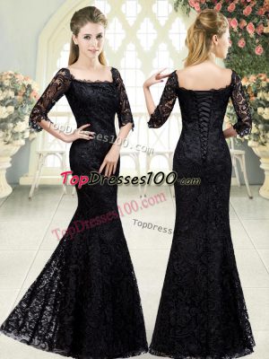 Suitable Black Prom Party Dress Prom and Party with Beading and Lace Sweetheart Half Sleeves Sweep Train Lace Up