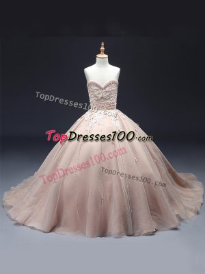 Pink Sleeveless Tulle Lace Up Little Girls Pageant Gowns for Wedding Party