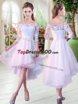 Shining White A-line Appliques Prom Party Dress Lace Up Tulle Half Sleeves High Low