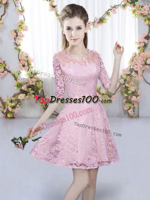 Half Sleeves Lace Mini Length Zipper Vestidos de Damas in Pink with Belt