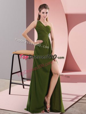 Eye-catching Olive Green Empire Chiffon One Shoulder Sleeveless Beading Floor Length Backless Evening Gowns