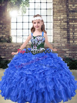 Enchanting Blue Kids Pageant Dress Party and Wedding Party with Embroidery and Ruffles Straps Sleeveless Lace Up