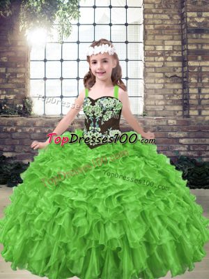 Sleeveless Floor Length Embroidery and Ruffles Lace Up Kids Pageant Dress with