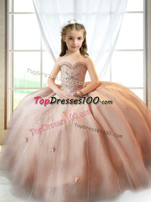 Fashion Sleeveless Tulle Floor Length Lace Up Girls Pageant Dresses in Pink with Beading and Appliques