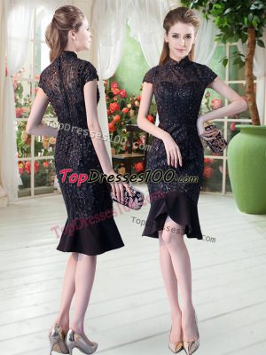 Black Short Sleeves Lace Knee Length Prom Dresses
