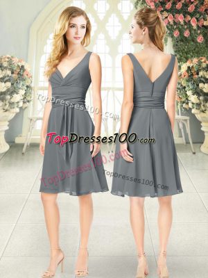 Grey Empire Chiffon V-neck Sleeveless Ruching Knee Length Zipper Prom Gown