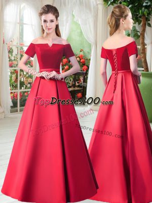 Discount Off The Shoulder Short Sleeves Lace Up Dress for Prom Red Satin