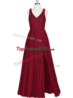 Sleeveless Floor Length Zipper Evening Dress in Wine Red with Pleated