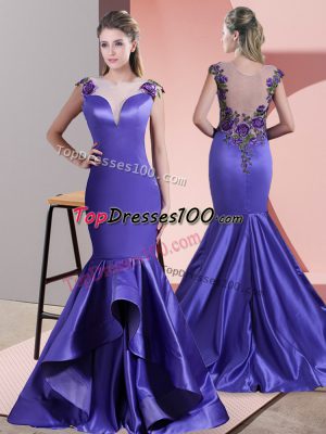 Sleeveless Satin Sweep Train Side Zipper Homecoming Dress in Purple with Beading and Appliques
