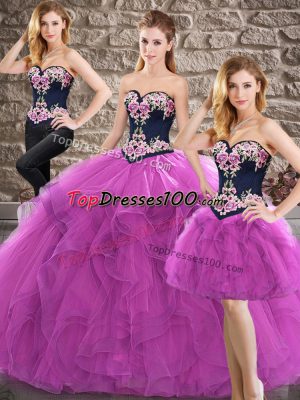 Purple Sleeveless Floor Length Beading and Embroidery Lace Up Quinceanera Dresses
