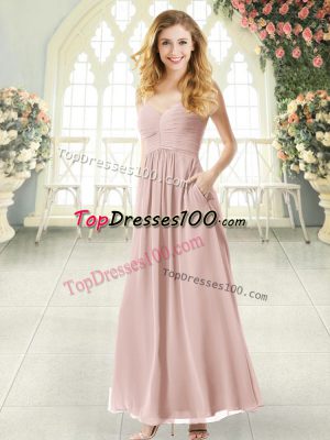 Customized Pink Criss Cross Dress for Prom Ruching Sleeveless Ankle Length