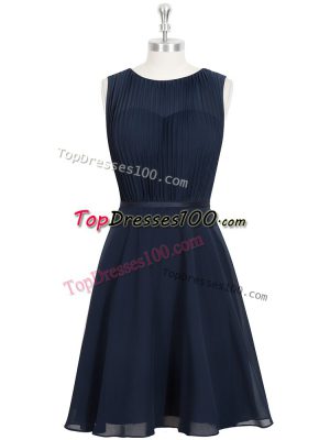 Lovely Black A-line Chiffon Scoop Sleeveless Ruching and Belt Knee Length Zipper Evening Dress