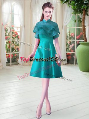 Teal High-neck Lace Up Ruffled Layers Prom Evening Gown Cap Sleeves