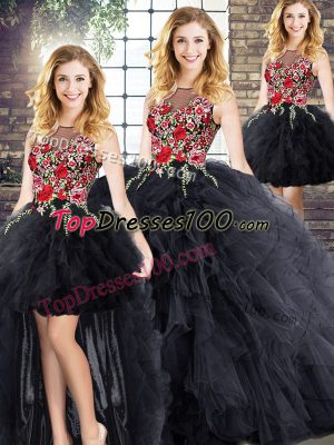 Super Black Zipper Scoop Embroidery and Ruffles Quinceanera Gown Sleeveless