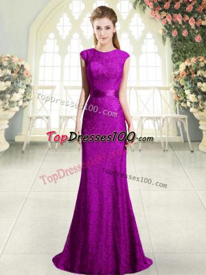 Stylish Eggplant Purple and Purple Womens Evening Dresses Prom and Party with Beading and Lace Scoop Sleeveless Sweep Train Backless