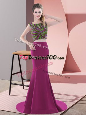 Sophisticated Fuchsia Two Pieces Scoop Sleeveless Satin Sweep Train Backless Beading Juniors Evening Dress