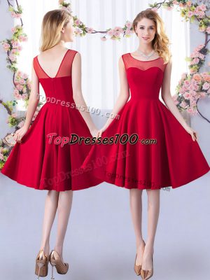 Fitting Red A-line Satin Scoop Sleeveless Ruching Knee Length Zipper Wedding Guest Dresses