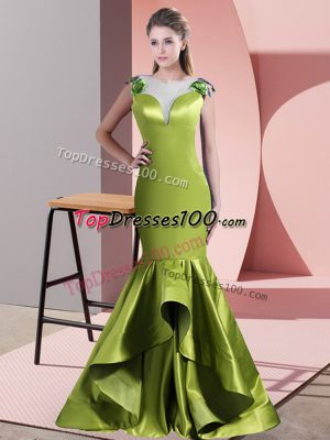 Sleeveless Satin Sweep Train Side Zipper Prom Party Dress in Green and Olive Green with Beading