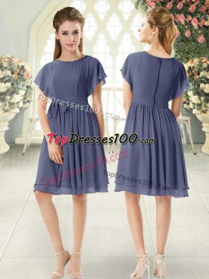 Knee Length Blue Dress for Prom Chiffon Short Sleeves Belt