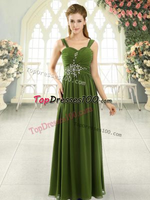 Delicate Olive Green Lace Up Beading and Ruching Sleeveless Floor Length