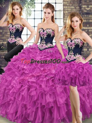 Fuchsia Lace Up Sweetheart Embroidery and Ruffles Quince Ball Gowns Organza Sleeveless