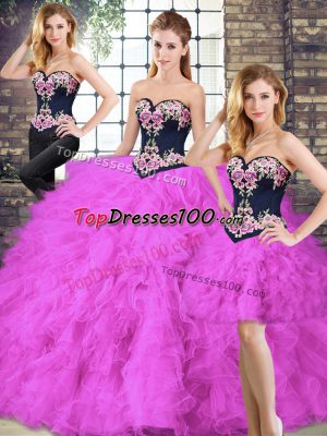 Tulle Sweetheart Sleeveless Lace Up Beading and Embroidery Quince Ball Gowns in Fuchsia