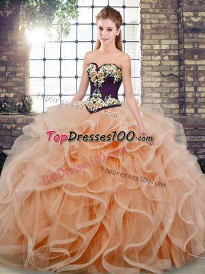 Peach Lace Up Sweetheart Embroidery and Ruffles Quinceanera Dresses Tulle Sleeveless Sweep Train