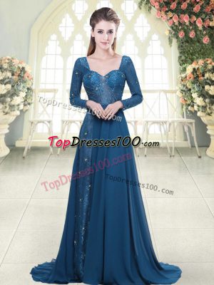 Excellent Empire Long Sleeves Blue Prom Dress Sweep Train Backless