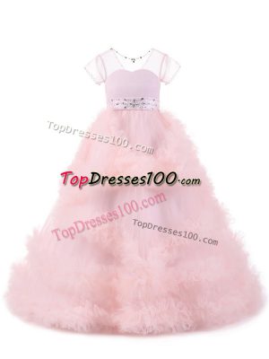 V-neck Short Sleeves Backless Kids Formal Wear Baby Pink Tulle