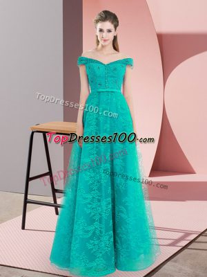 Nice Turquoise A-line Off The Shoulder Sleeveless Beading and Lace Floor Length Lace Up Prom Dress