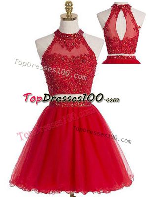 Red Two Pieces Beading and Appliques Zipper Tulle Sleeveless Mini Length