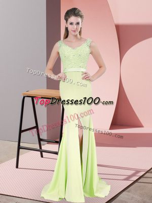 Charming Sleeveless Beading and Lace Zipper Prom Evening Gown with Yellow Green Sweep Train