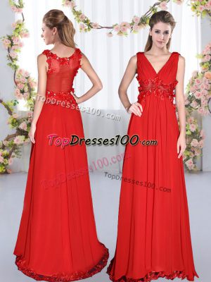 Customized Red Empire Beading and Appliques Bridesmaid Dress Side Zipper Chiffon Sleeveless Floor Length