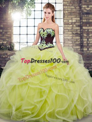 Yellow Green Sweet 16 Dress Military Ball and Sweet 16 and Quinceanera with Embroidery and Ruffles Sweetheart Sleeveless Sweep Train Lace Up