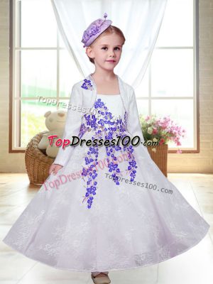Dramatic Sleeveless Lace Ankle Length Zipper Flower Girl Dresses for Less in White with Embroidery