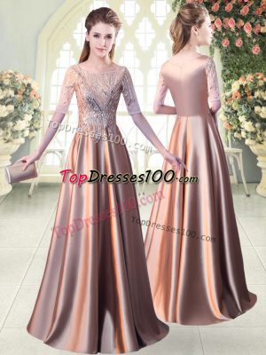 Pink Elastic Woven Satin Zipper Scoop Half Sleeves Floor Length Evening Dress Sequins