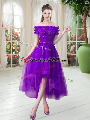 Amazing Off The Shoulder Short Sleeves Homecoming Dress High Low Appliques Purple Tulle