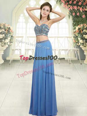 Blue Chiffon Backless Evening Outfits Sleeveless Floor Length Beading