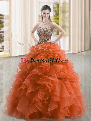 Rust Red Sweetheart Neckline Beading and Ruffles Sweet 16 Dress Sleeveless Lace Up