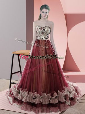 New Style Sweetheart Sleeveless Prom Party Dress Sweep Train Beading Red Tulle