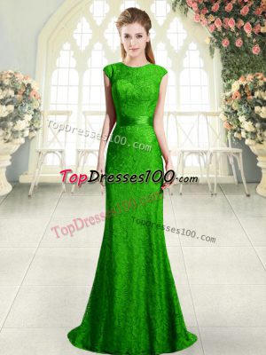 Vintage Green Cap Sleeves Sweep Train Beading and Lace Prom Dresses