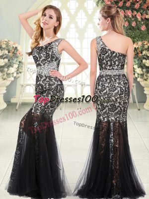 Black Evening Dress Prom and Party with Beading and Lace One Shoulder Sleeveless Zipper