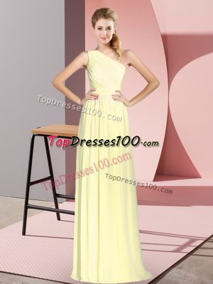 Chiffon One Shoulder Sleeveless Lace Up Ruching Formal Evening Gowns in Yellow