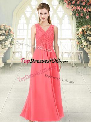 Designer Watermelon Red Prom and Party with Ruching V-neck Sleeveless Zipper