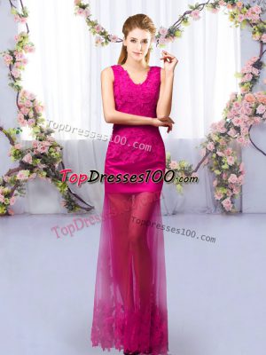 Hot Selling Floor Length Column/Sheath Sleeveless Fuchsia Bridesmaids Dress Lace Up
