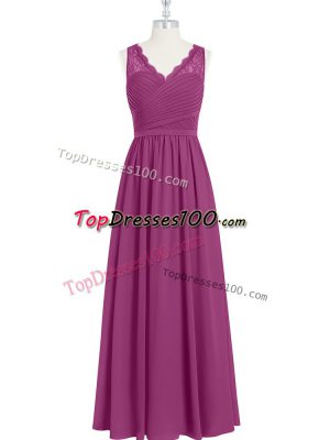 Charming Fuchsia Empire V-neck Sleeveless Chiffon Floor Length Backless Lace and Ruching Dress for Prom