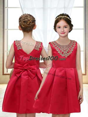 Dynamic Sleeveless Satin Mini Length Zipper Toddler Flower Girl Dress in Red with Appliques