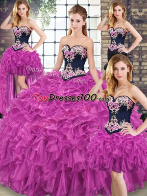 Sleeveless Organza Sweep Train Lace Up Sweet 16 Quinceanera Dress in Fuchsia with Embroidery and Ruffles